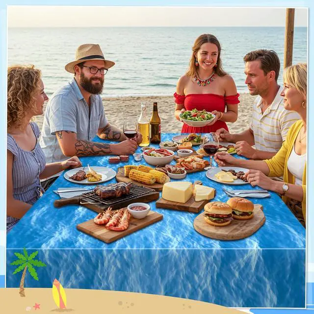 Alt view image 6 of 6 - 3 Pack Ocean Waves Plastic Tablecloth, Disposable Water Print Table Cloths
