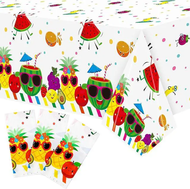 Main image of 3 Packs Fruit Theme Table Cover Decorations Watermelon Pineapple Disposable Plastic Tablecloths for Kids Birthday Baby Shower Summer Fruit Hawaii Party Decorations Supplies, 54x108 inch