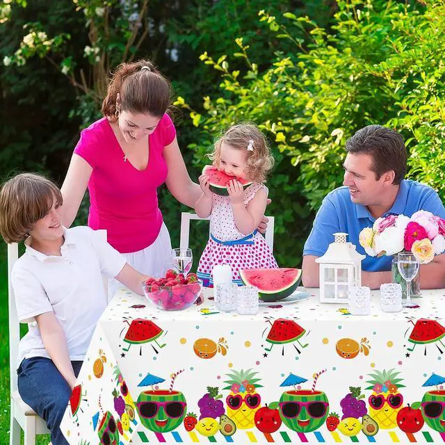 Alt view image 5 of 7 - 3 Packs Fruit Theme Table Cover Decorations Watermelon Pineapple Disposable Plastic Tablecloths for Kids Birthday Baby Shower Summer Fruit Hawaii Party Decorations Supplies, 54x108 inch