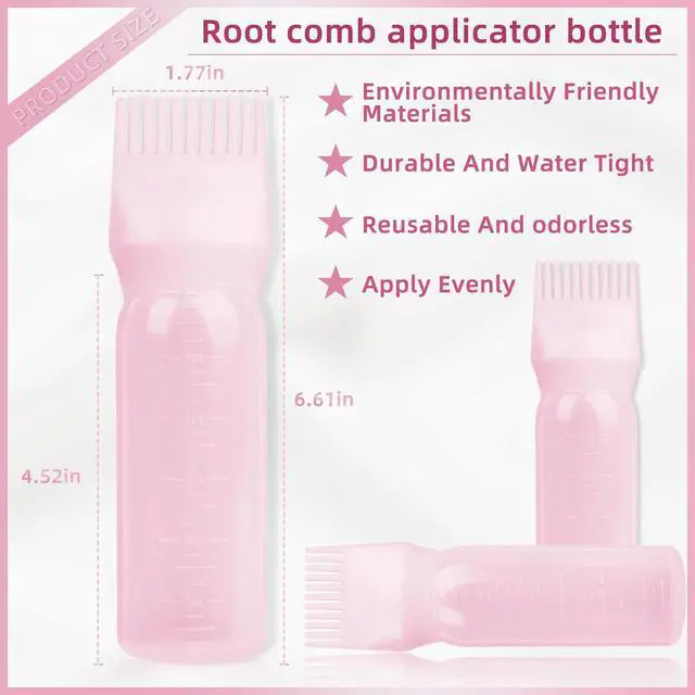 Alt view image 2 of 7 - 2Pack Root Comb Applicator Bottle - 6 Oz Hair Oil Applicator, Dye Bottle Tools with Oil Dispenser & Root Comb Brush - Pink