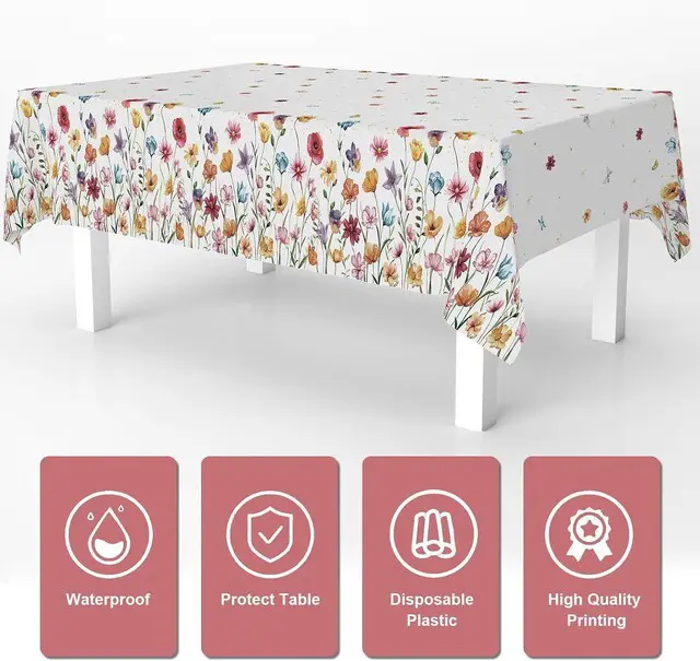 Alt view image 2 of 6 - Mocsicka 3Pcs Spring Wildflower Tablecloth Butterfly Disposable Plastic Tablecloths for Girl Birthday Party Decorations 108x54 Inch