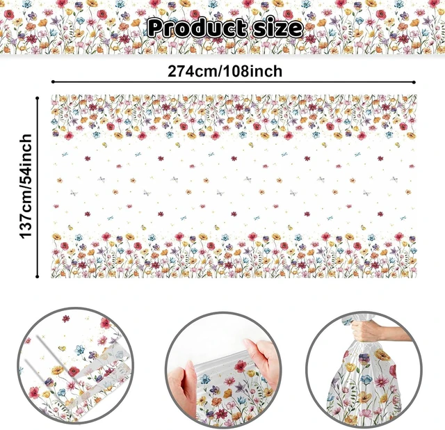 Alt view image 5 of 6 - Mocsicka 3Pcs Spring Wildflower Tablecloth Butterfly Disposable Plastic Tablecloths for Girl Birthday Party Decorations 108x54 Inch