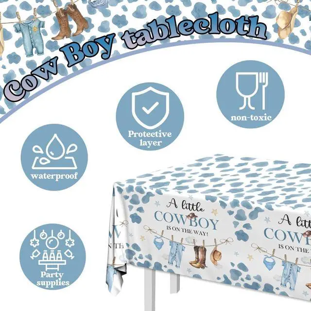 Alt view image 5 of 6 - Little Cowboy Baby Shower Decorations-3pcs Western Tablecloth Cowboy Table Cover for Cowboys Western Themed Baby Shower Party Decorations