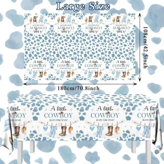 Alt view image 6 of 6 - Little Cowboy Baby Shower Decorations-3pcs Western Tablecloth Cowboy Table Cover for Cowboys Western Themed Baby Shower Party Decorations
