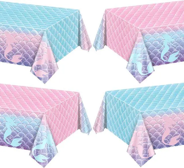 Main image of 4 Pcs Mermaid Tablecloths, Rectangular Mermaid Table Covers, Disposable Mermaid Table Cloths for Girls Parties Under The Sea Baby Shower Mermaid Party Supplies, 51 x 86 Inch