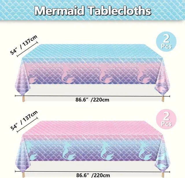 Alt view image 2 of 7 - 4 Pcs Mermaid Tablecloths, Rectangular Mermaid Table Covers, Disposable Mermaid Table Cloths for Girls Parties Under The Sea Baby Shower Mermaid Party Supplies, 51 x 86 Inch