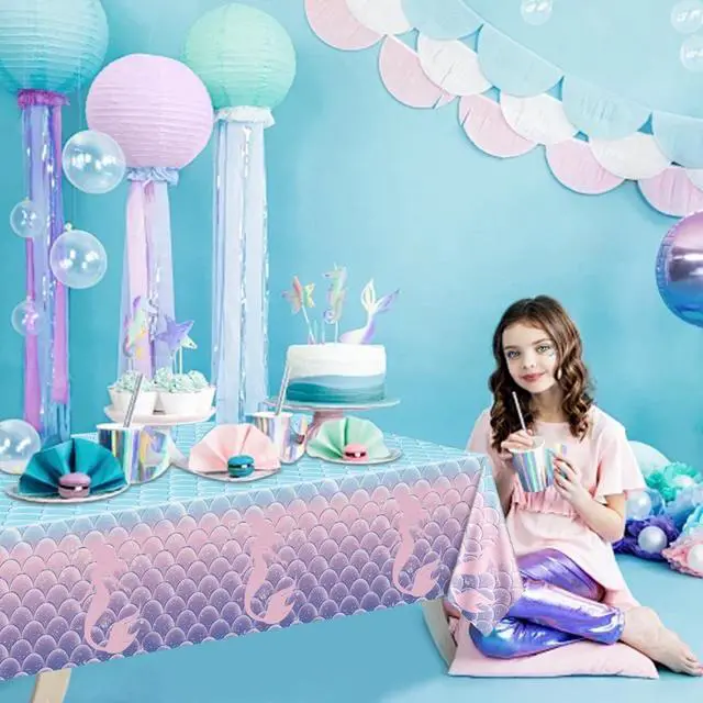 Alt view image 4 of 7 - 4 Pcs Mermaid Tablecloths, Rectangular Mermaid Table Covers, Disposable Mermaid Table Cloths for Girls Parties Under The Sea Baby Shower Mermaid Party Supplies, 51 x 86 Inch