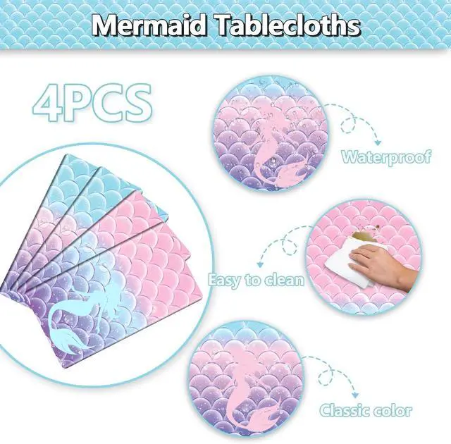 Alt view image 3 of 7 - 4 Pcs Mermaid Tablecloths, Rectangular Mermaid Table Covers, Disposable Mermaid Table Cloths for Girls Parties Under The Sea Baby Shower Mermaid Party Supplies, 51 x 86 Inch
