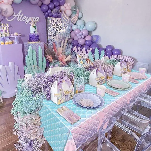 Alt view image 6 of 7 - 4 Pcs Mermaid Tablecloths, Rectangular Mermaid Table Covers, Disposable Mermaid Table Cloths for Girls Parties Under The Sea Baby Shower Mermaid Party Supplies, 51 x 86 Inch