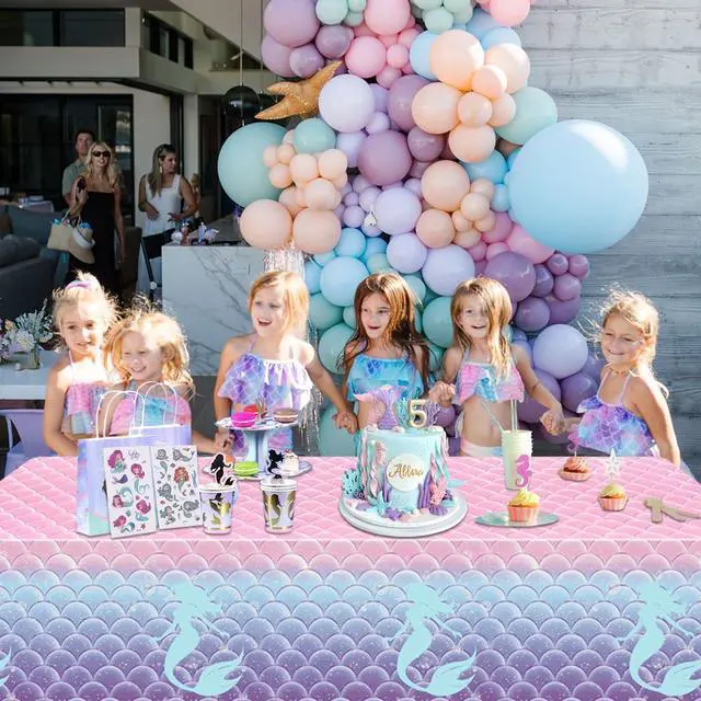 Alt view image 5 of 7 - 4 Pcs Mermaid Tablecloths, Rectangular Mermaid Table Covers, Disposable Mermaid Table Cloths for Girls Parties Under The Sea Baby Shower Mermaid Party Supplies, 51 x 86 Inch