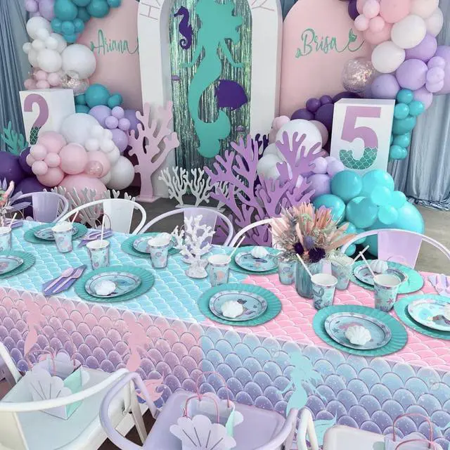 Alt view image 7 of 7 - 4 Pcs Mermaid Tablecloths, Rectangular Mermaid Table Covers, Disposable Mermaid Table Cloths for Girls Parties Under The Sea Baby Shower Mermaid Party Supplies, 51 x 86 Inch