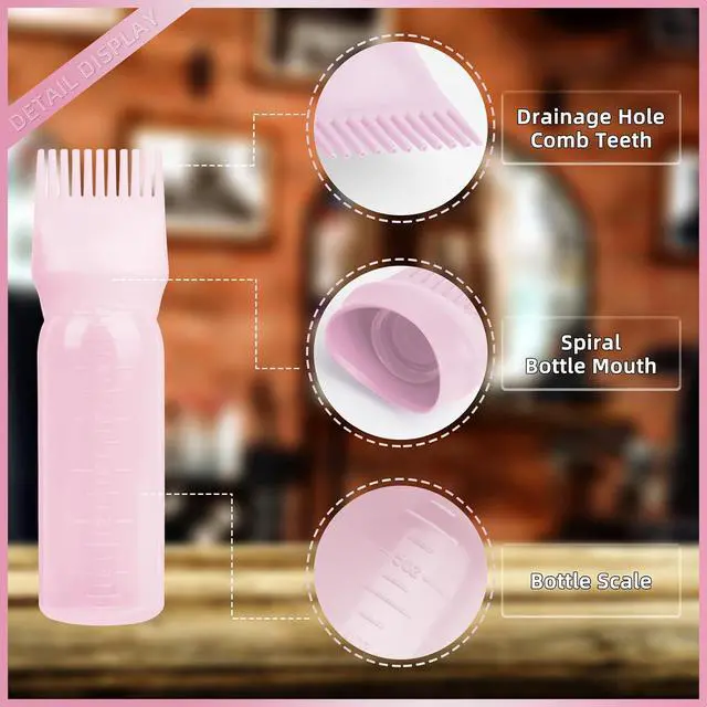 Alt view image 3 of 7 - 2Pack Root Comb Applicator Bottle - 6 Oz Hair Oil Applicator, Dye Bottle Tools with Oil Dispenser & Root Comb Brush - Pink