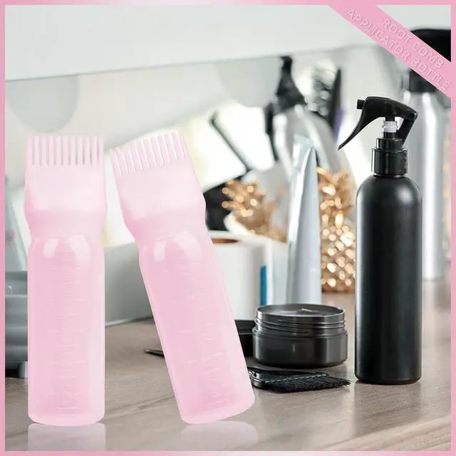 Alt view image 4 of 7 - 2Pack Root Comb Applicator Bottle - 6 Oz Hair Oil Applicator, Dye Bottle Tools with Oil Dispenser & Root Comb Brush - Pink