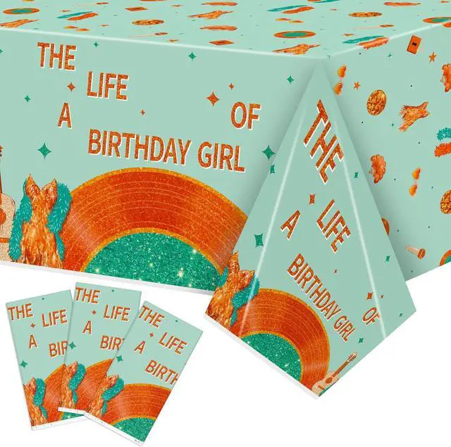 Main image of Singer Music Plastic Tablecloth - 3PCS The Life of A Birthday Girl Table Cover Green Orange Print Plastic Disposable Rectangle Table Cover for Girls Birthday Party Supply (51.2 x 86.6 Inch)