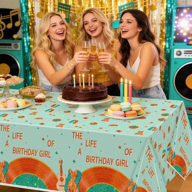 Alt view image 6 of 7 - Singer Music Plastic Tablecloth - 3PCS The Life of A Birthday Girl Table Cover Green Orange Print Plastic Disposable Rectangle Table Cover for Girls Birthday Party Supply (51.2 x 86.6 Inch)