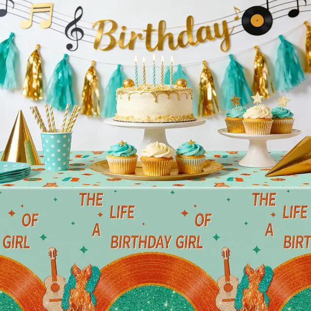 Alt view image 7 of 7 - Singer Music Plastic Tablecloth - 3PCS The Life of A Birthday Girl Table Cover Green Orange Print Plastic Disposable Rectangle Table Cover for Girls Birthday Party Supply (51.2 x 86.6 Inch)