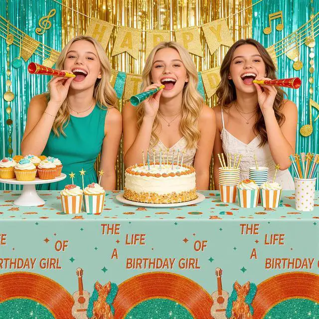 Alt view image 5 of 7 - Singer Music Plastic Tablecloth - 3PCS The Life of A Birthday Girl Table Cover Green Orange Print Plastic Disposable Rectangle Table Cover for Girls Birthday Party Supply (51.2 x 86.6 Inch)