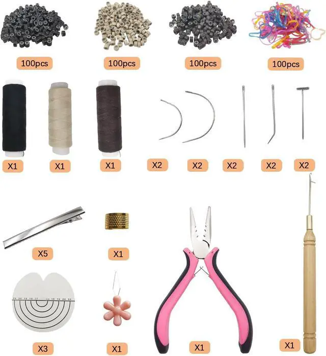 Alt view image 2 of 7 - Hair Extension Kit, Micro Ring Beads Tool Set with Pliers, Wooden Handle Crochet Hooks, Loop Needle, Separator Discs, Thread & Clips for I Tip, Micro Link & Fusion Extensions (Basic Kit)