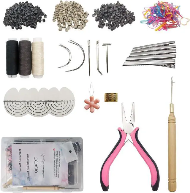 Main image of Hair Extension Kit, Micro Ring Beads Tool Set with Pliers, Wooden Handle Crochet Hooks, Loop Needle, Separator Discs, Thread & Clips for I Tip, Micro Link & Fusion Extensions (Basic Kit)