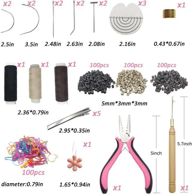 Alt view image 3 of 7 - Hair Extension Kit, Micro Ring Beads Tool Set with Pliers, Wooden Handle Crochet Hooks, Loop Needle, Separator Discs, Thread & Clips for I Tip, Micro Link & Fusion Extensions (Basic Kit)