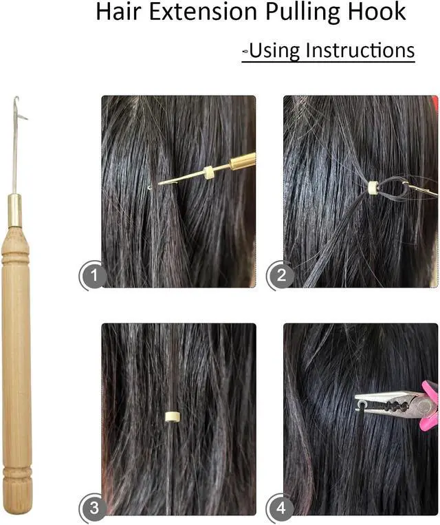 Alt view image 6 of 7 - Hair Extension Kit, Micro Ring Beads Tool Set with Pliers, Wooden Handle Crochet Hooks, Loop Needle, Separator Discs, Thread & Clips for I Tip, Micro Link & Fusion Extensions (Basic Kit)