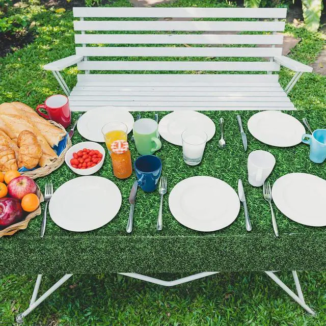 Alt view image 6 of 7 - durony 3 Pack Green Grass Field Plastic Tablecloth Grass Print Table Covers 54 x 108 Inches Sports Party Table Decor for Sports Theme Parties Decorations