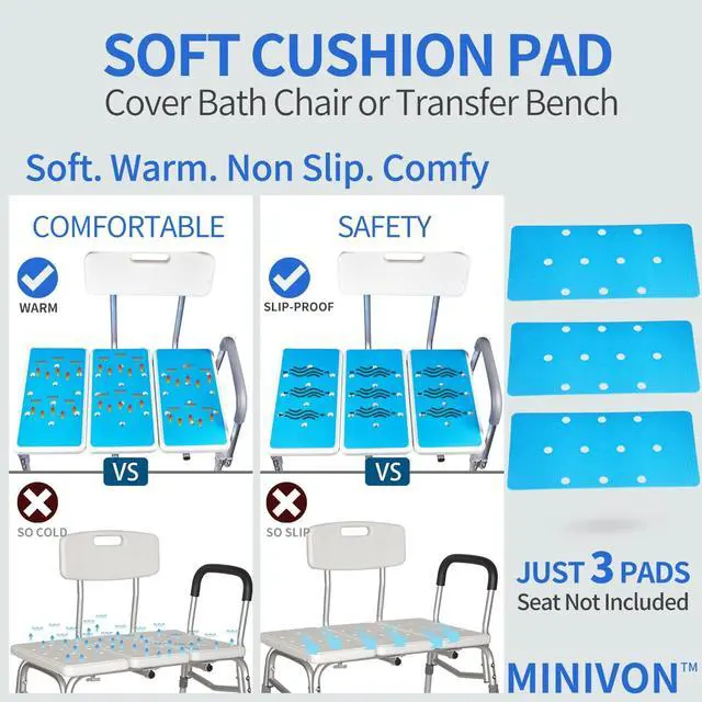 Alt view image 5 of 6 - 3 PCS Cover Mats for Bath Tub Bench Shower Chair with Adhesive Backing, 15 x 8 Inch Anti-Skid Soft Pads Padded Shower Seat for Bathtub - Extended Tub Transfer Bench Cushions, Bath Chair Mats