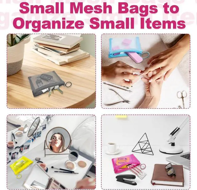 Alt view image 4 of 7 - Mini Mesh Pouches(4 Pack), Small Mesh Bags with Zipper Nylon Makeup Pouches Bag Cosmetic Pouch Travel Purse Organizer Insert Diaper Inside Bag Organizers Home Organizing Size See Through Cute Colors