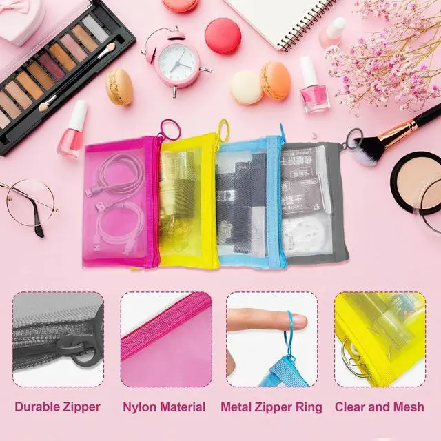 Alt view image 5 of 7 - Mini Mesh Pouches(4 Pack), Small Mesh Bags with Zipper Nylon Makeup Pouches Bag Cosmetic Pouch Travel Purse Organizer Insert Diaper Inside Bag Organizers Home Organizing Size See Through Cute Colors