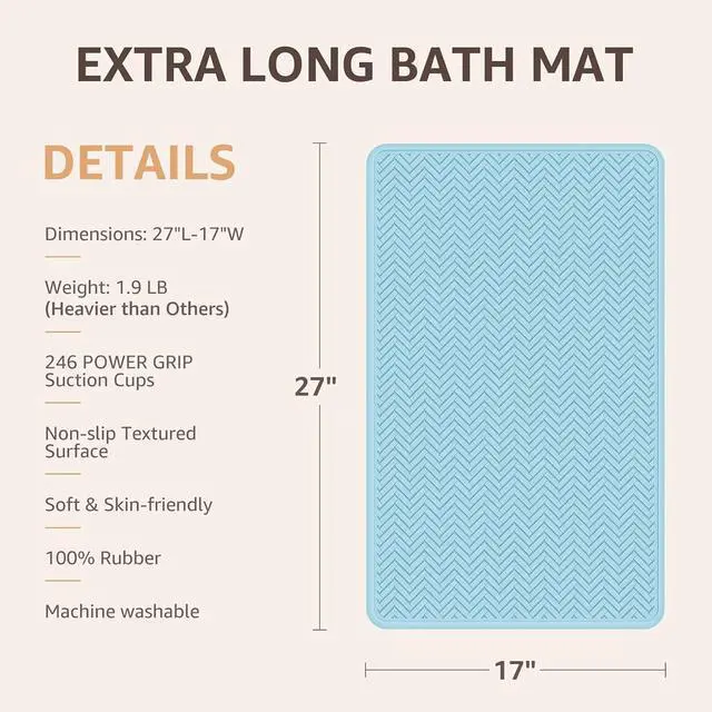 Alt view image 2 of 7 - OTHWAY Bathtub Mat Non Slip, 27" x 17" Bath Mat for Tub, Machine Washable Shower Anti Slip Mat with 246 Strong Suction Cups (Lake Blue)
