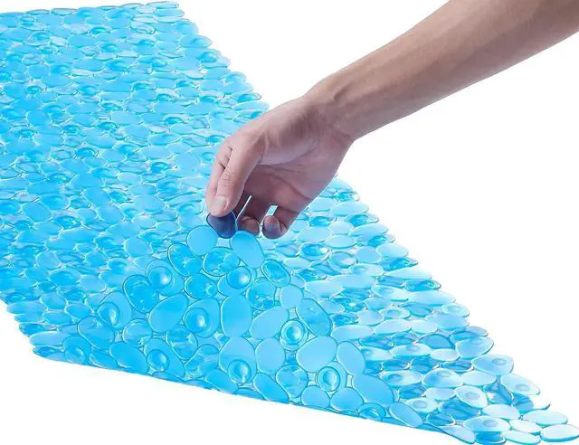 Main image of Webos Bath Shower Mat Non Slip: Extra Large Pebble Bathtub mat for Families, Anti Slip Shower Matt with Drain Holes Suction Cups Tub Mat - 16 X 40 Inch Clear Blue