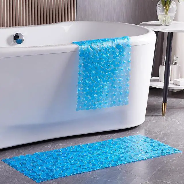 Alt view image 3 of 7 - Webos Bath Shower Mat Non Slip: Extra Large Pebble Bathtub mat for Families, Anti Slip Shower Matt with Drain Holes Suction Cups Tub Mat - 16 X 40 Inch Clear Blue