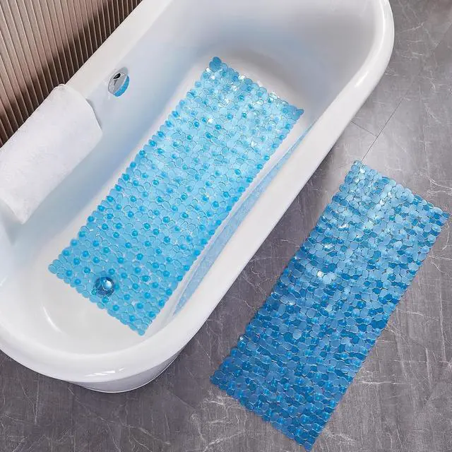 Alt view image 6 of 7 - Webos Bath Shower Mat Non Slip: Extra Large Pebble Bathtub mat for Families, Anti Slip Shower Matt with Drain Holes Suction Cups Tub Mat - 16 X 40 Inch Clear Blue