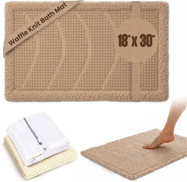 Main image of Waffle Knit Bath Mat 18×30 Latte/Tan | Ultra-Absorbent Quick Dry Bathroom Rug | Deluxe Dual Anti-Slip Backing + Extra Pad | Backed Shower Mats for Bathroom Floor | Laundry Bag Included