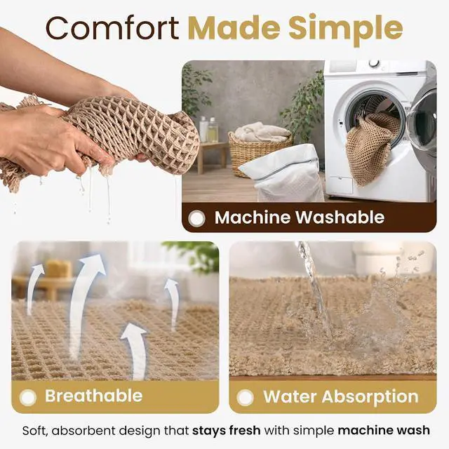 Alt view image 4 of 7 - Waffle Knit Bath Mat 18×30 Latte/Tan | Ultra-Absorbent Quick Dry Bathroom Rug | Deluxe Dual Anti-Slip Backing + Extra Pad | Backed Shower Mats for Bathroom Floor | Laundry Bag Included