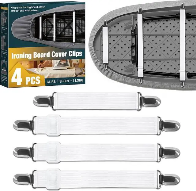 Main image of 4 Pack Ironing Board Cover Clips, Adjustable Elastic Fasteners with Steel Clips, Keep Ironing Board Pad Flat & Secure, Multi-Purpose Suspenders for Bed Sheets, Tablecloths & Seat Covers (Black)