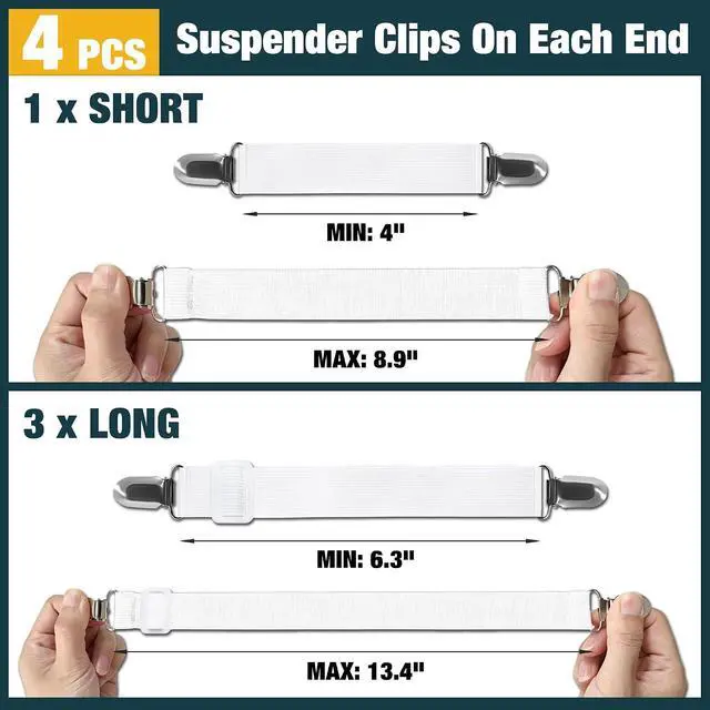 Alt view image 2 of 6 - 4 Pack Ironing Board Cover Clips, Adjustable Elastic Fasteners with Steel Clips, Keep Ironing Board Pad Flat & Secure, Multi-Purpose Suspenders for Bed Sheets, Tablecloths & Seat Covers (Black)
