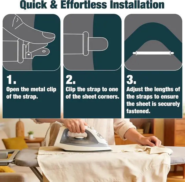 Alt view image 4 of 6 - 4 Pack Ironing Board Cover Clips, Adjustable Elastic Fasteners with Steel Clips, Keep Ironing Board Pad Flat & Secure, Multi-Purpose Suspenders for Bed Sheets, Tablecloths & Seat Covers (Black)