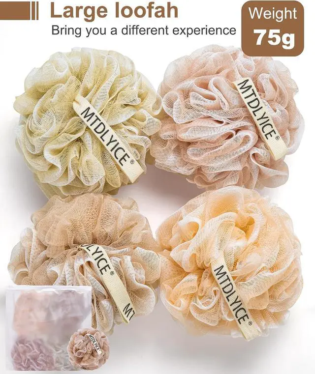 Alt view image 3 of 7 - MTDLYICE Loofah Sponge, XL Large Loofah 75g 4 Pack, Bath Sponge Soft Mesh Shower, Body Scrubber, Loofah for Men, Bath Accessories Body wash Foaming (Beige)