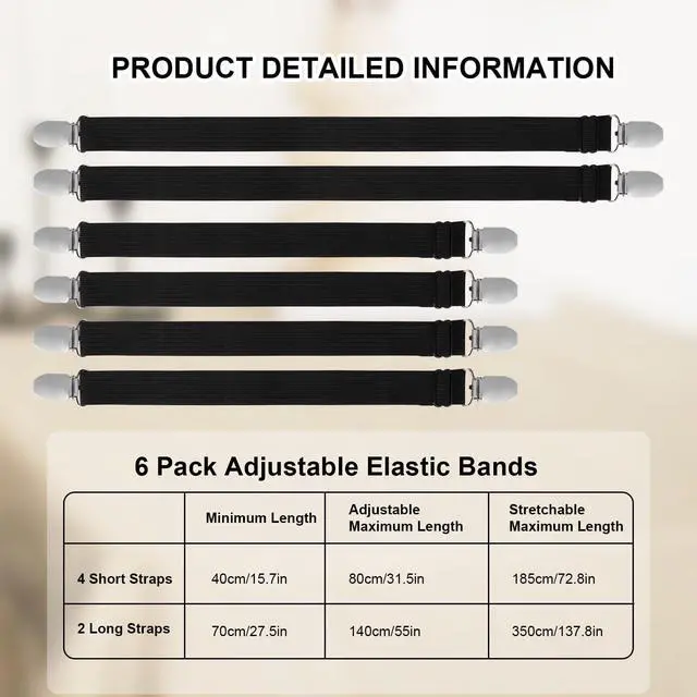Alt view image 2 of 7 - 6pcs Hidden Strap Tablecloth Clips, Tablecloth Secure Straps Under Table Cloth Clips Bed Sheet Clips Elastic Strap Clip for Securing Tablecloth Picnic Tables Sofa Bed (Black)