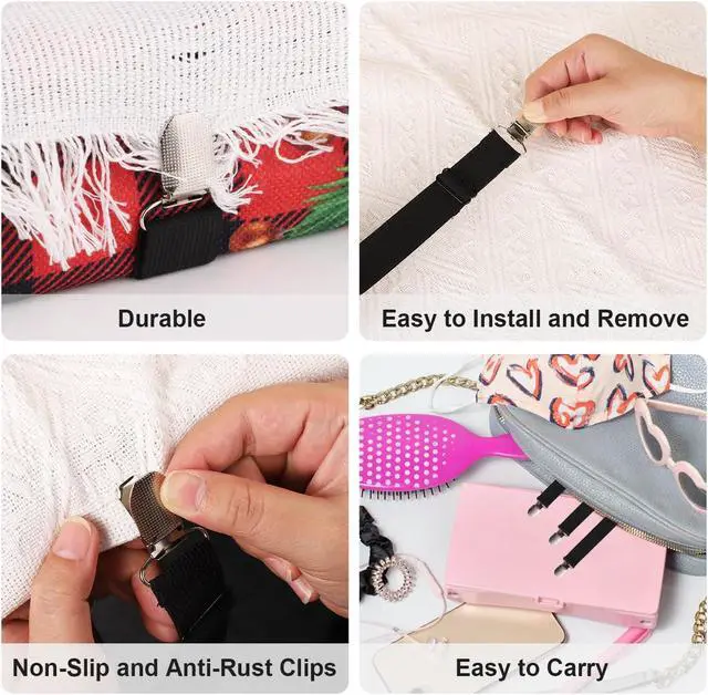 Alt view image 4 of 7 - 6pcs Hidden Strap Tablecloth Clips, Tablecloth Secure Straps Under Table Cloth Clips Bed Sheet Clips Elastic Strap Clip for Securing Tablecloth Picnic Tables Sofa Bed (Black)