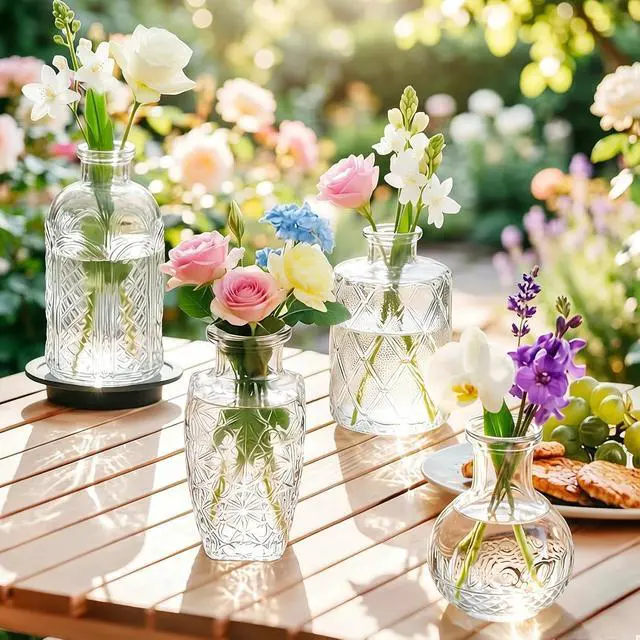 Alt view image 2 of 7 - Glass Bud Vases Set of 4,Small Vintage Embossed Mini Vases C