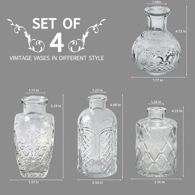 Alt view image 3 of 7 - Glass Bud Vases Set of 4,Small Vintage Embossed Mini Vases C