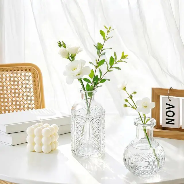 Alt view image 5 of 7 - Glass Bud Vases Set of 4,Small Vintage Embossed Mini Vases C