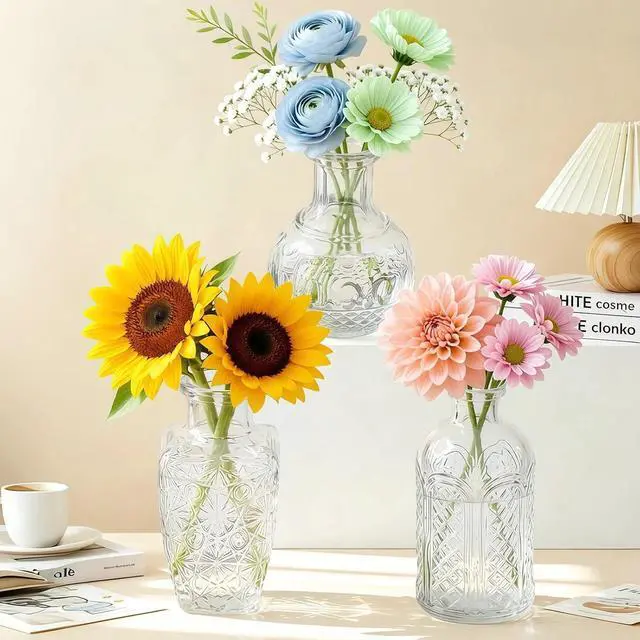 Alt view image 6 of 7 - Glass Bud Vases Set of 4,Small Vintage Embossed Mini Vases C