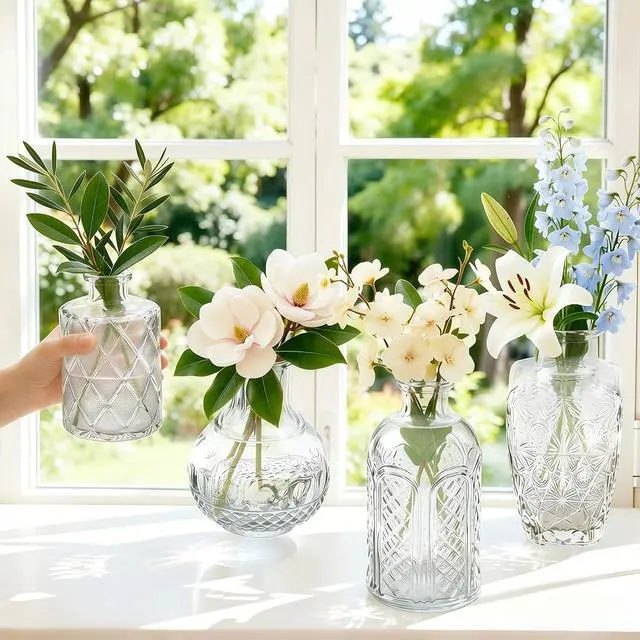Alt view image 7 of 7 - Glass Bud Vases Set of 4,Small Vintage Embossed Mini Vases C