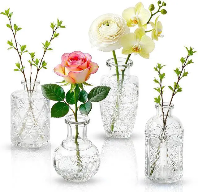 Alt view image 4 of 7 - Glass Bud Vases Set of 4,Small Vintage Embossed Mini Vases C