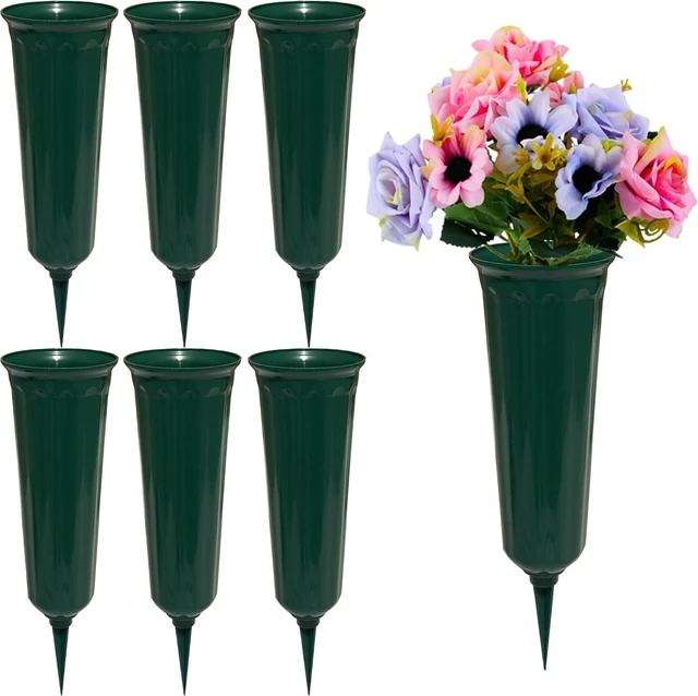 Main image of Memorial Floral Vases, Cemetery Vase, Headstones Flower Holder, Grave Cone Vase, Flower Pots for Outdoor Plants, Decorative Plastic Containers (Set of 6, Green)