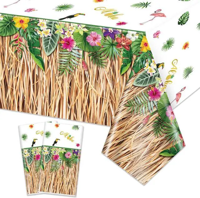 Main image of 2 Pack Hawaiian Luau Grass Tablecloths, Hawaii Luau Table Skirt Party Decorations, Tropical Palm Tablecover for Summer Beach BBQ Tropical Ahola Party Baby Shower, 86 x 51in (2)