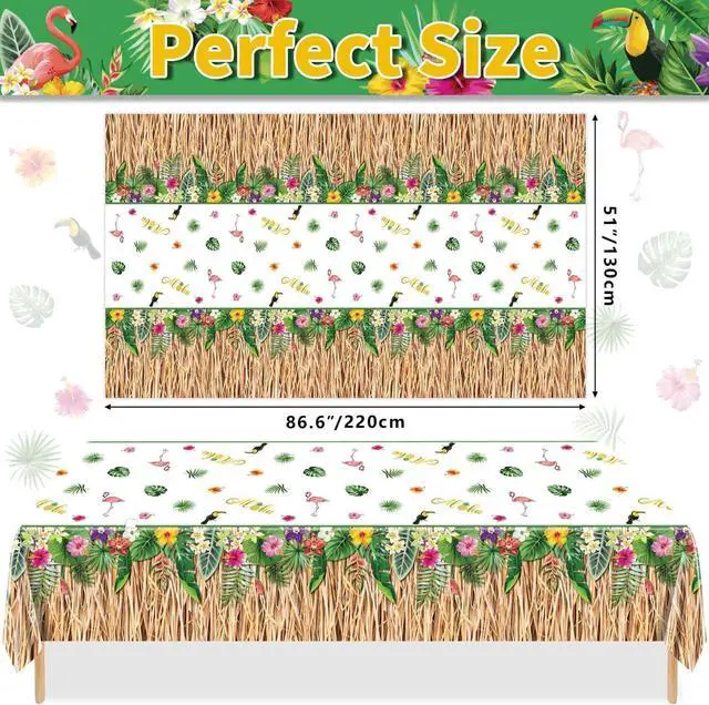 Alt view image 2 of 7 - 2 Pack Hawaiian Luau Grass Tablecloths, Hawaii Luau Table Skirt Party Decorations, Tropical Palm Tablecover for Summer Beach BBQ Tropical Ahola Party Baby Shower, 86 x 51in (2)